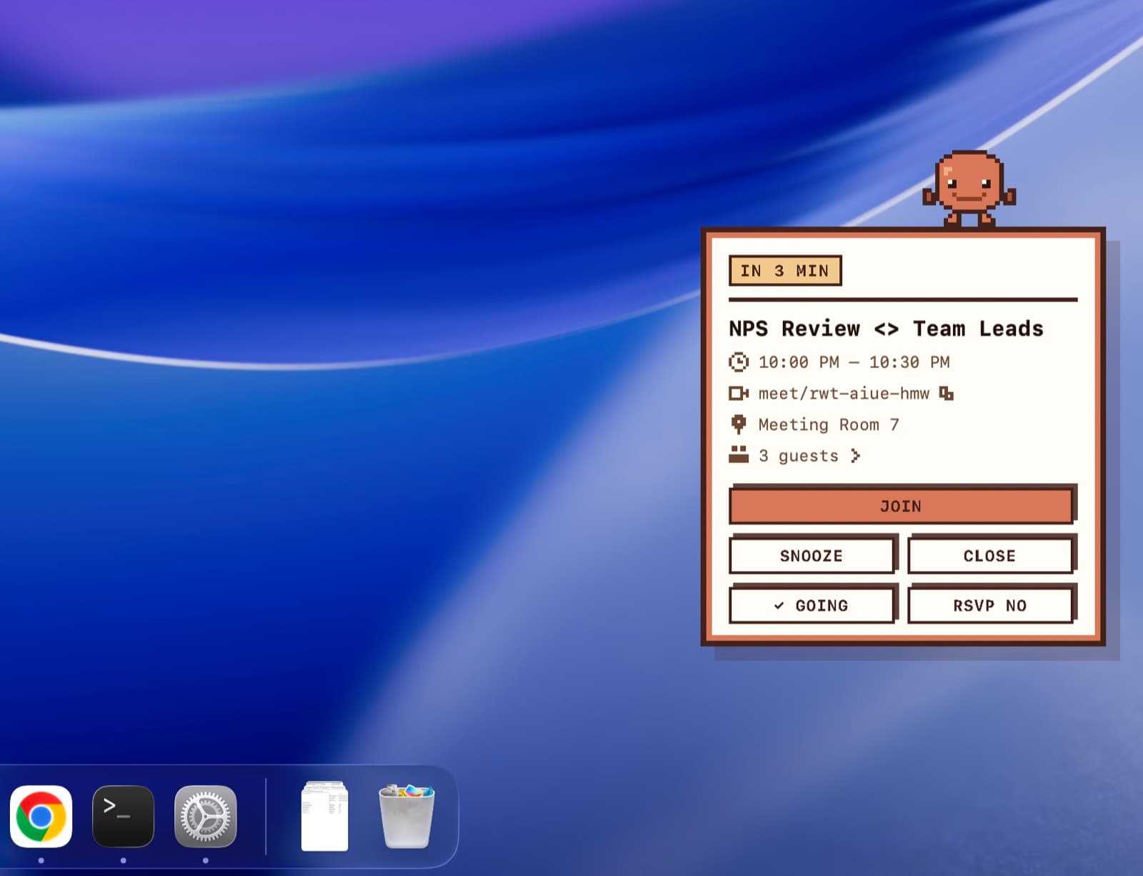 The Clawd reminder panel showing a meeting in three minutes with join, snooze, close and RSVP buttons.